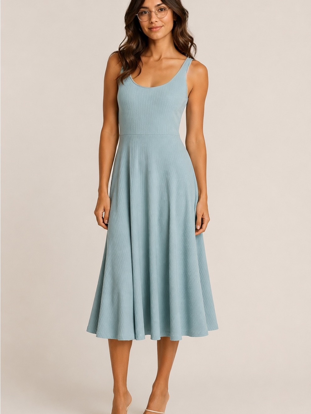 NSR Light Blue Ribbed Scoop Neck Midi Dress